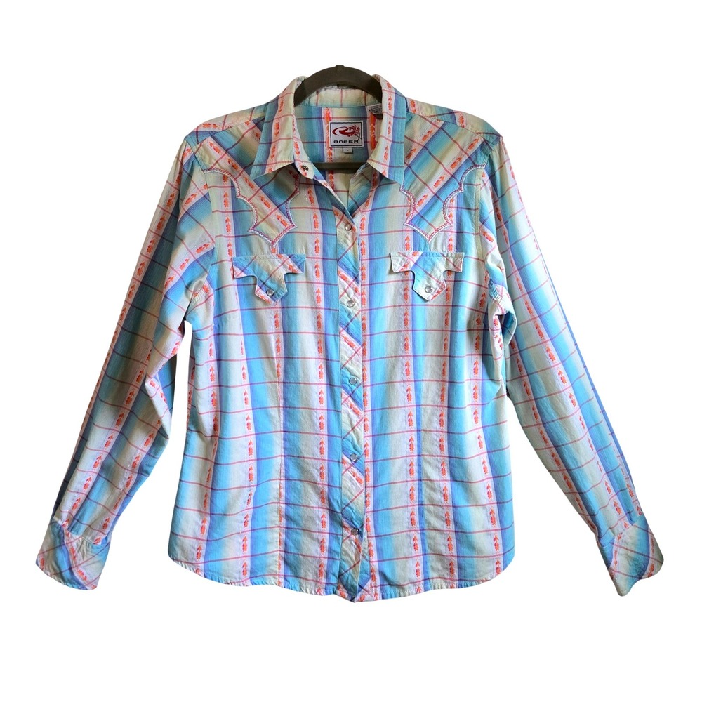 Roper Vintage Womens L Western Shirt Plaid Metallic Applique Embroidered Cotton